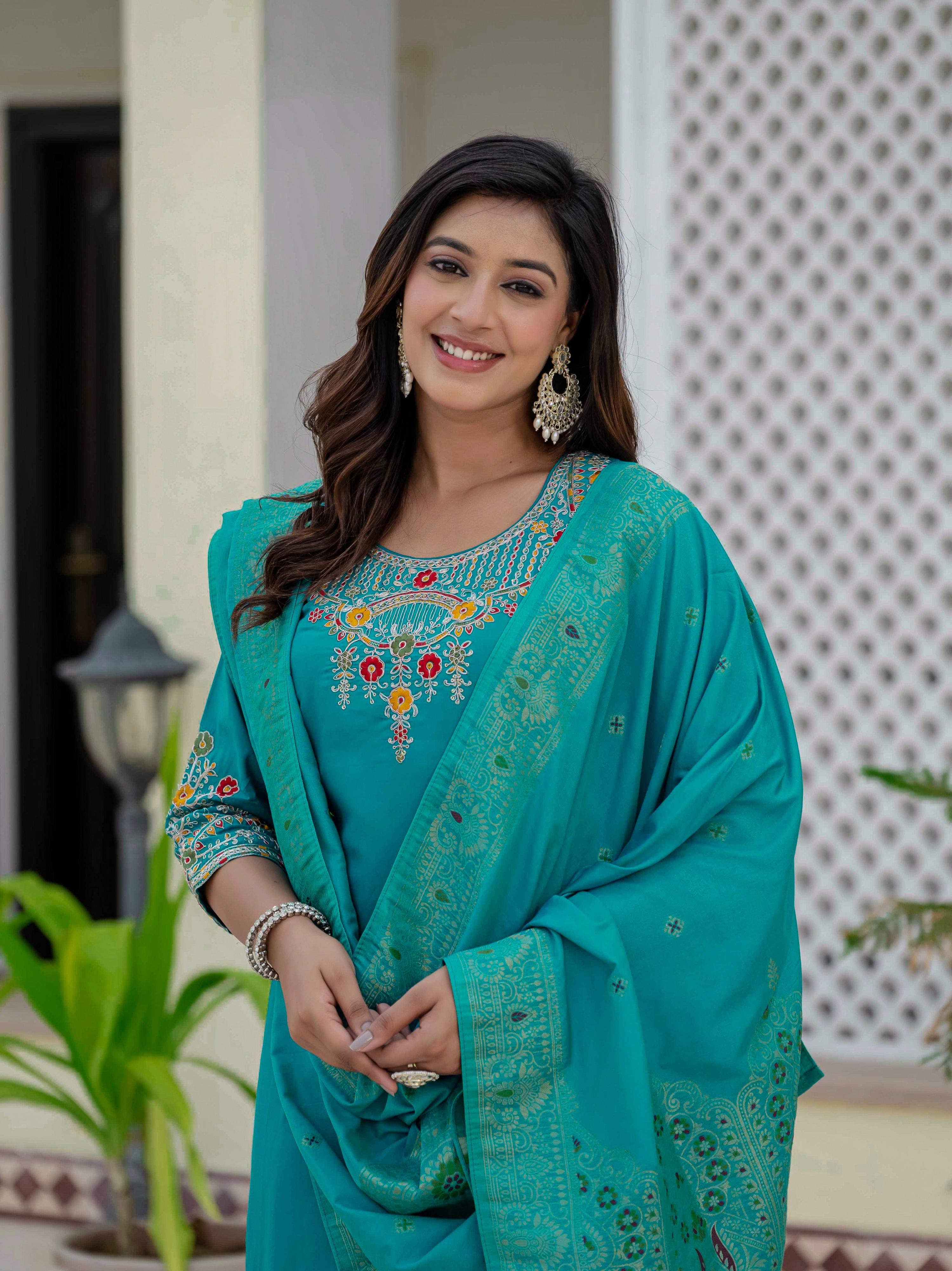 Sonakshi Women's Teal Premium Roman Silk Coding Embroidered Work Kurta Set With Dupatta - Distacart