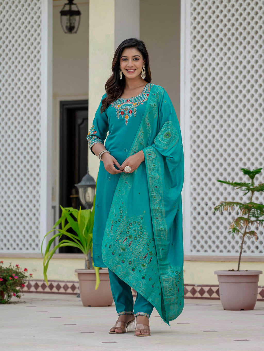 Sonakshi Women's Teal Premium Roman Silk Coding Embroidered Work Kurta Set With Dupatta - Distacart