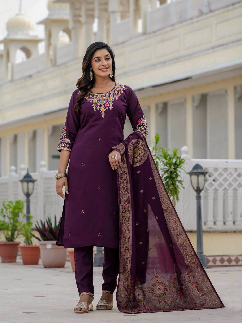 Sonakshi Women's Wine Premium Roman Silk Coding Embroidered Work Kurta Set With Dupatta - Distacart