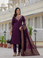 Sonakshi Women's Wine Premium Roman Silk Coding Embroidered Work Kurta Set With Dupatta - Distacart