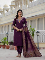 Sonakshi Women's Wine Premium Roman Silk Coding Embroidered Work Kurta Set With Dupatta - Distacart