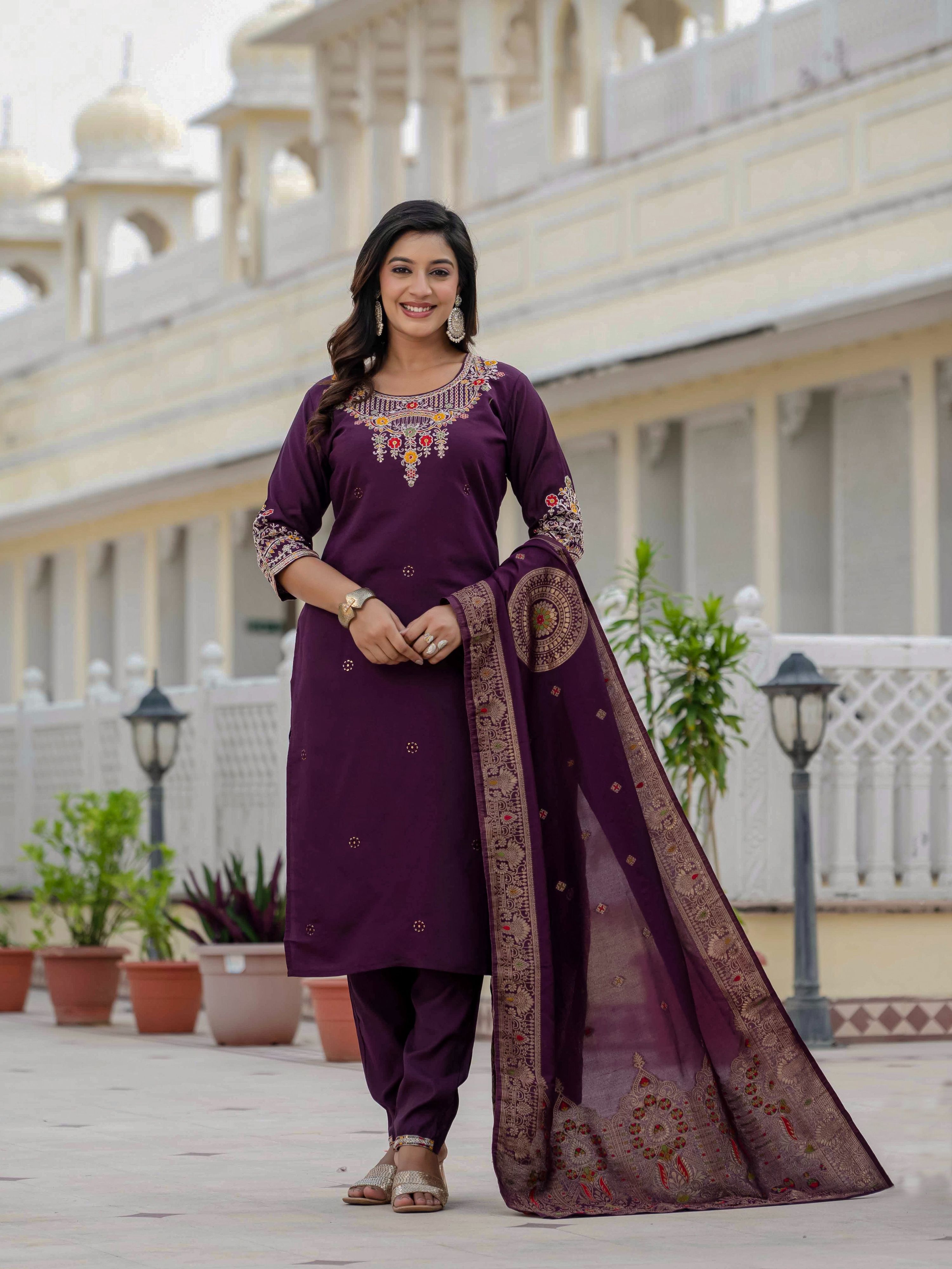 Sonakshi Women's Wine Premium Roman Silk Coding Embroidered Work Kurta Set With Dupatta - Distacart