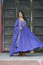 Sonakshi Women's Blue Faux Blooming With Sequins Multithreaded Beads Embroidered Anarkali Gown Set With Dupatta - Distacart