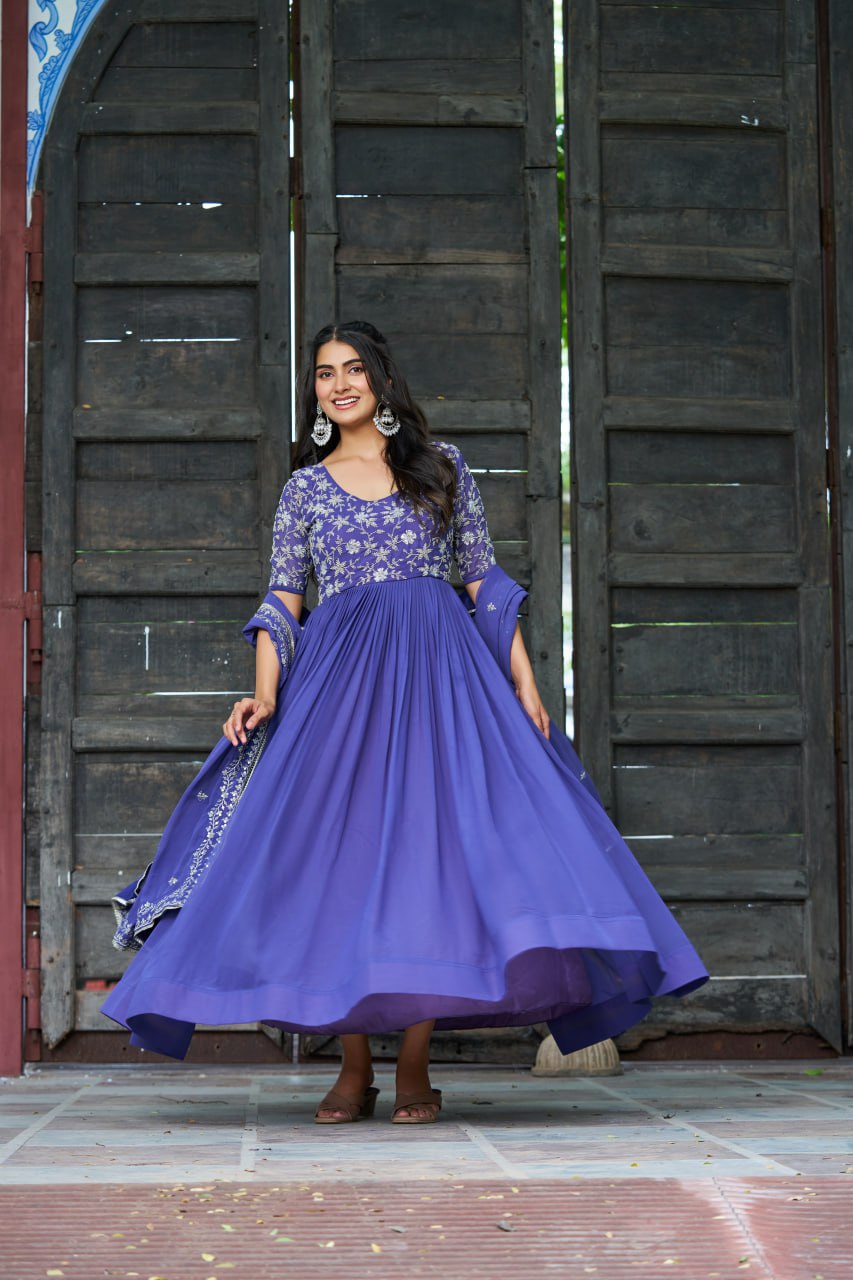 Sonakshi Women's Blue Faux Blooming With Sequins Multithreaded Beads Embroidered Anarkali Gown Set With Dupatta - Distacart