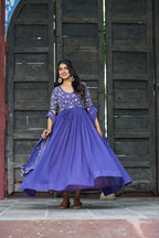 Sonakshi Women's Blue Faux Blooming With Sequins Multithreaded Beads Embroidered Anarkali Gown Set With Dupatta - Distacart