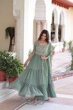 Sonakshi Women's Pista Faux Blooming With Sequins Multi Thread Beads Embroidered Work Anarkali Gown Set With Dupatta - Distacart