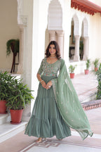 Sonakshi Women's Pista Faux Blooming With Sequins Multi Thread Beads Embroidered Work Anarkali Gown Set With Dupatta - Distacart