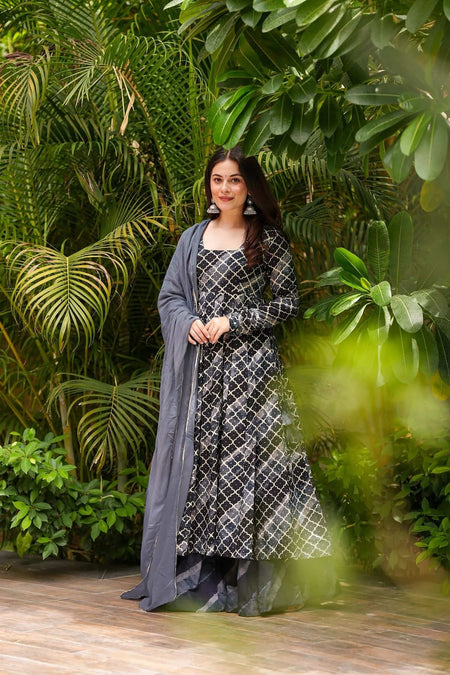 Sonakshi Women's Black Masleen With Heavy Digital Printed Anarkali Gown Set With Dupatta
