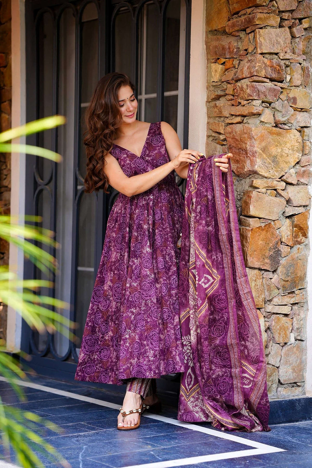 Sonakshi Women's Purple Masleen With Heavy Digital Printed Anarkali Gown Set With Dupatta - Distacart