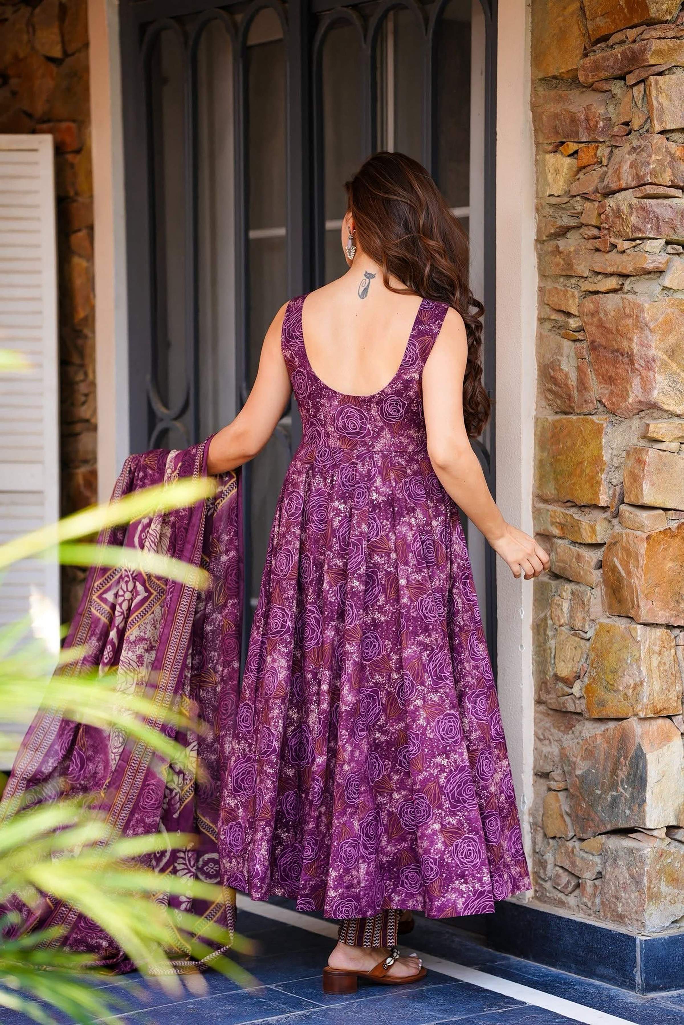 Sonakshi Women's Purple Masleen With Heavy Digital Printed Anarkali Gown Set With Dupatta - Distacart