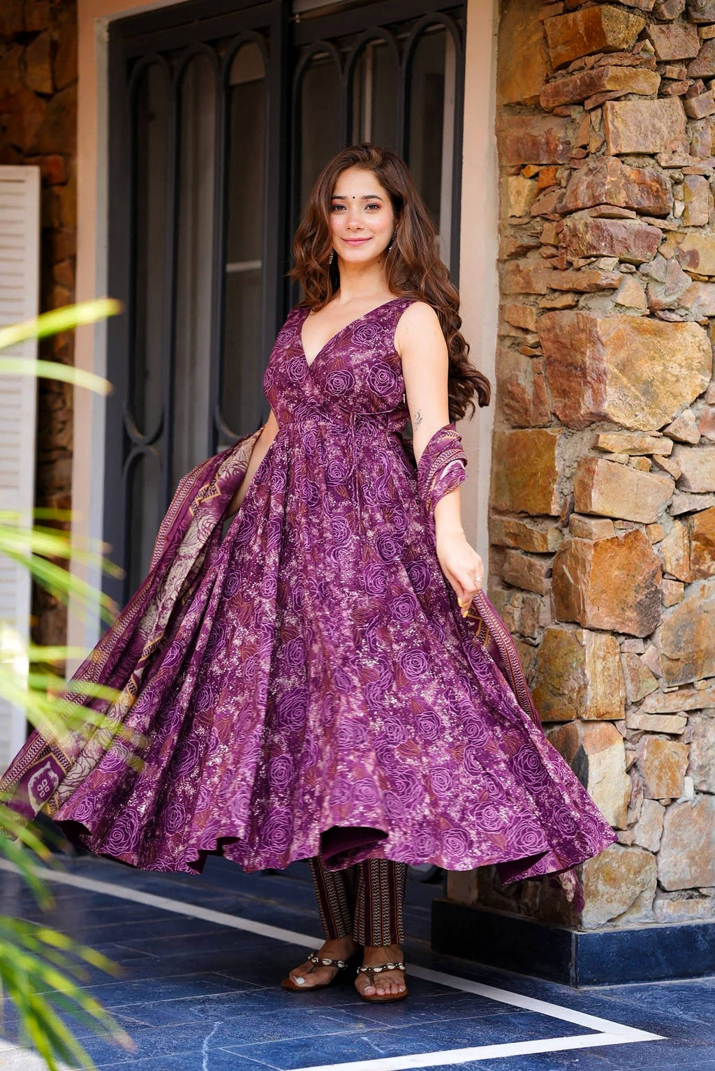 Sonakshi Women's Purple Masleen With Heavy Digital Printed Anarkali Gown Set With Dupatta - Distacart