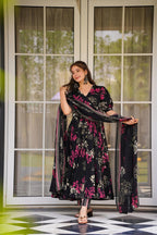 Sonakshi Women's Black Masleen With Heavy Digital Printed Anarkali Gown Set With Dupatta - Distacart