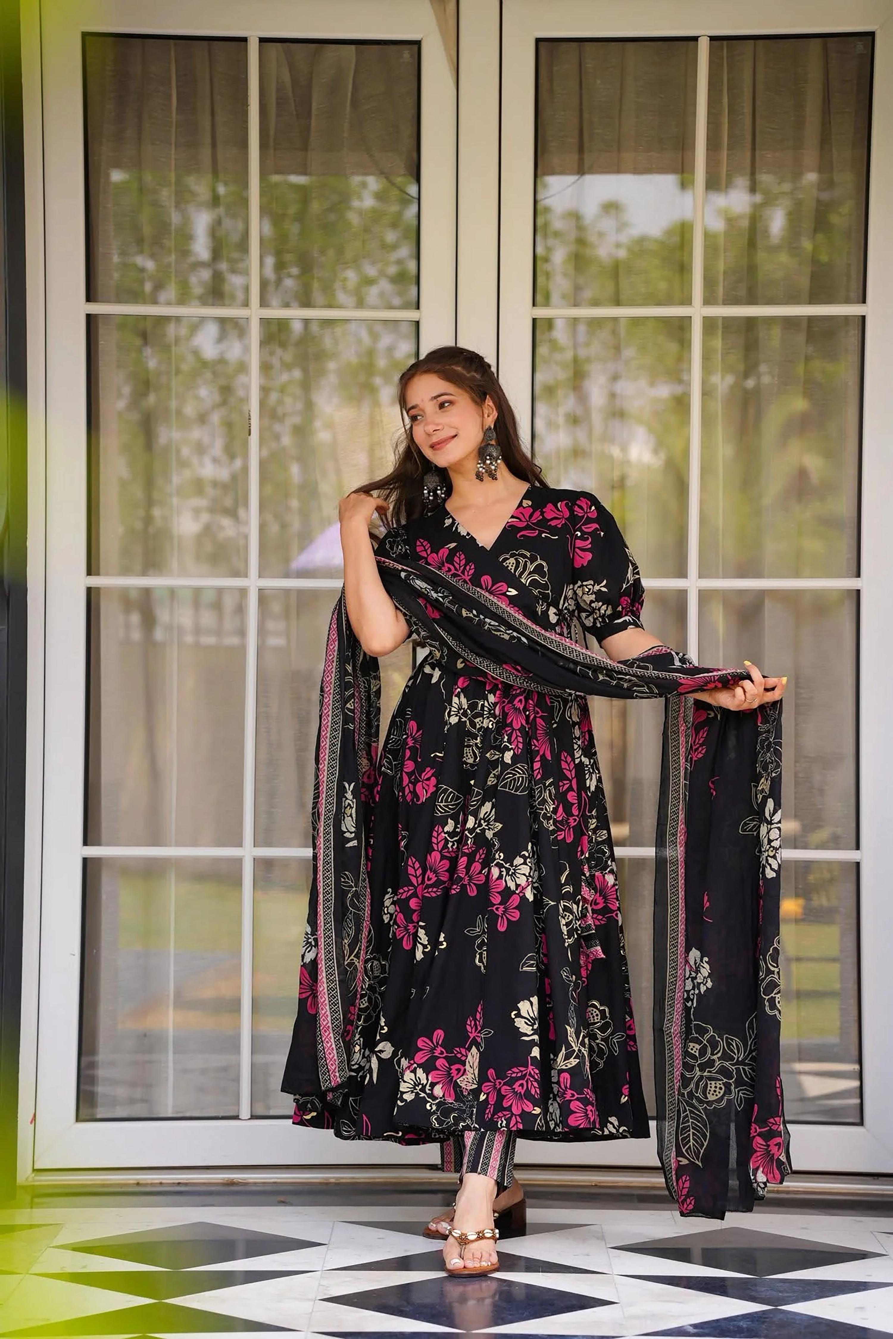 Sonakshi Women's Black Masleen With Heavy Digital Printed Anarkali Gown Set With Dupatta - Distacart