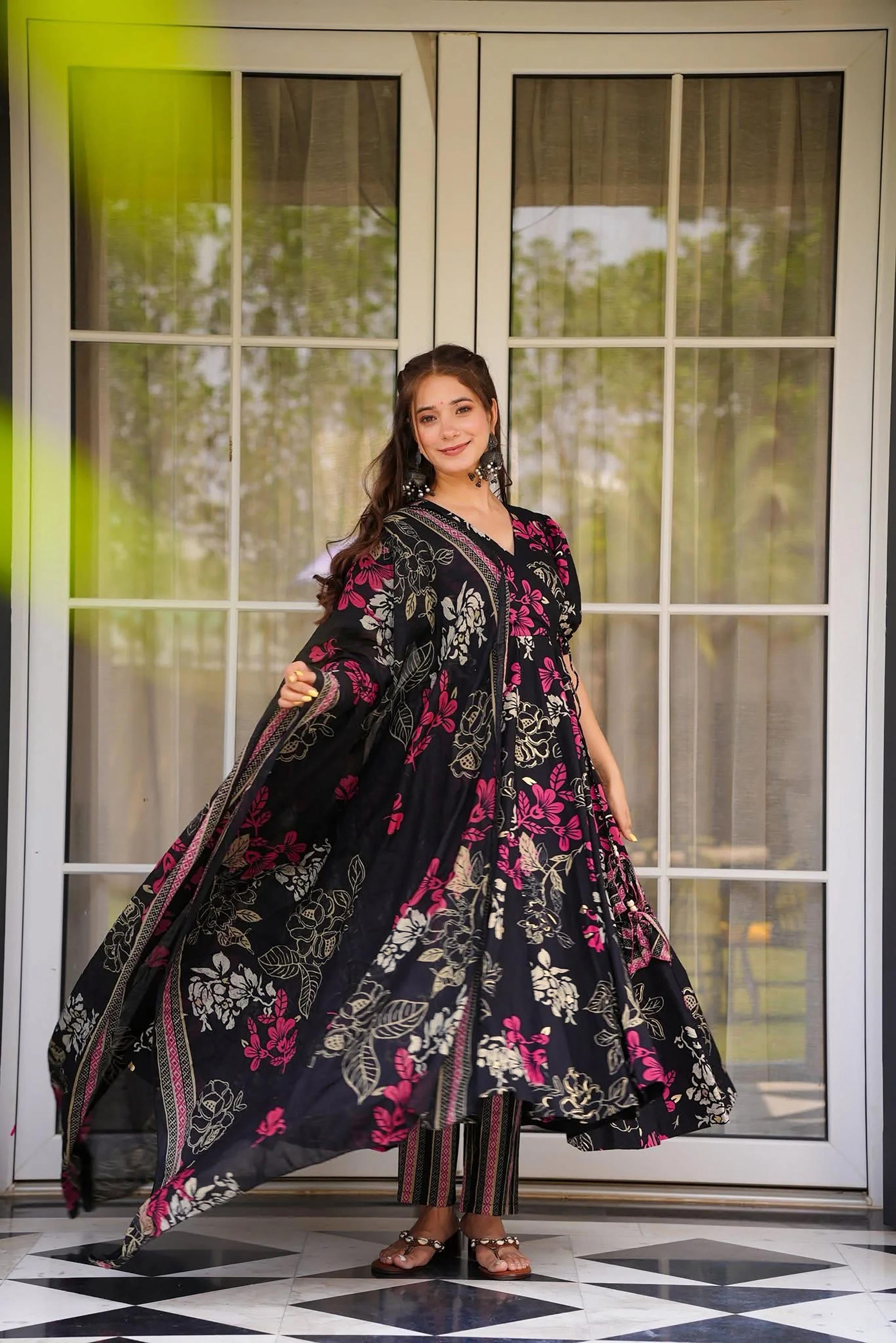 Sonakshi Women's Black Masleen With Heavy Digital Printed Anarkali Gown Set With Dupatta - Distacart