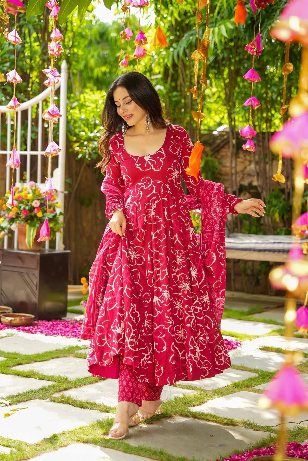 Sonakshi Women's Pink Masleen With Heavy Digital Printed Anarkali Gown Set With Dupatta - Distacart