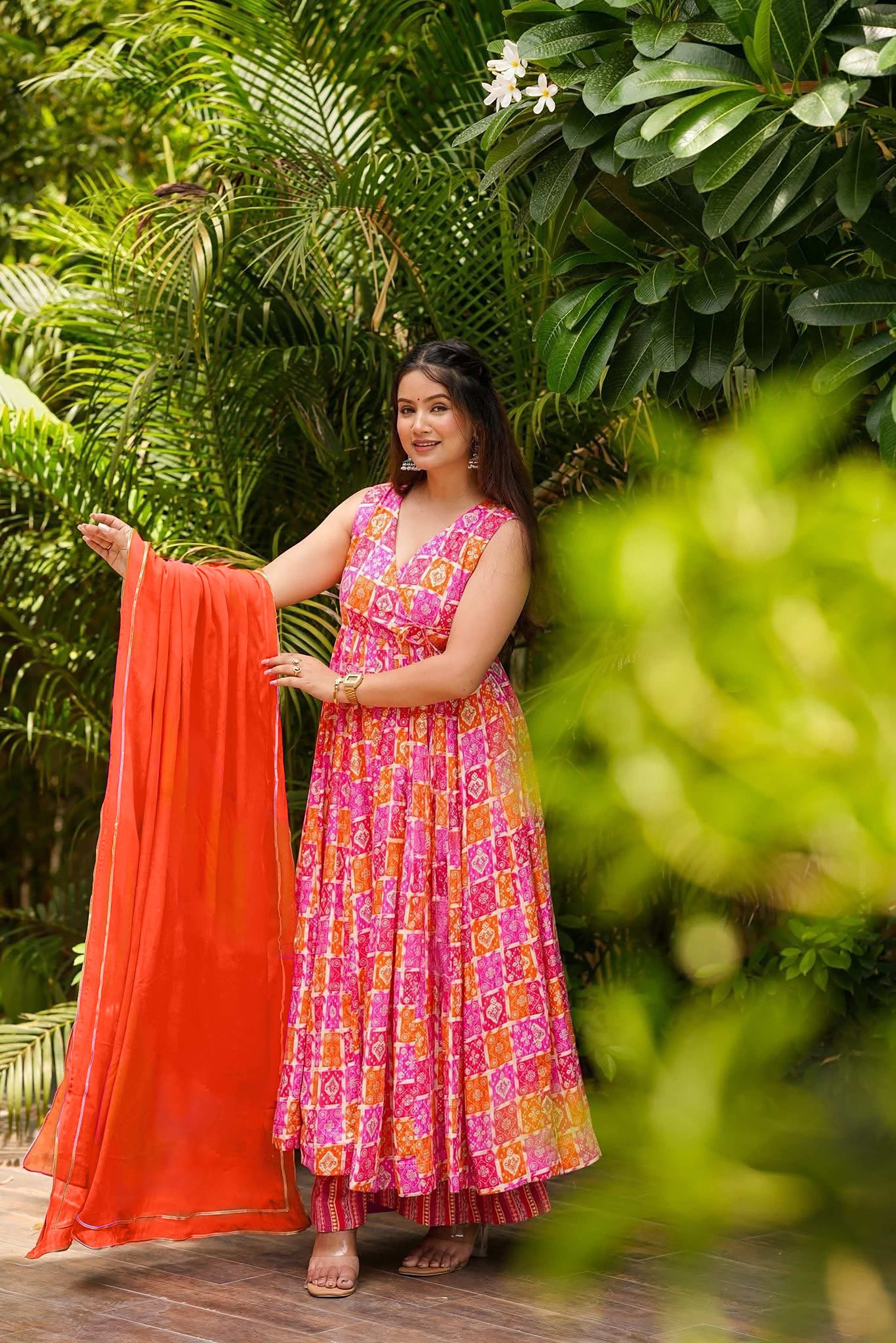 Sonakshi Women's Pink Masleen With Heavy Digital Printed Anarkali Gown Set With Dupatta - Distacart