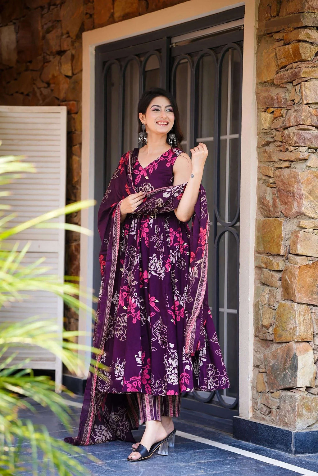 Sonakshi Women's Purple Masleen With Heavy Digital Printed Anarkali Gown Set With Dupatta - Distacart