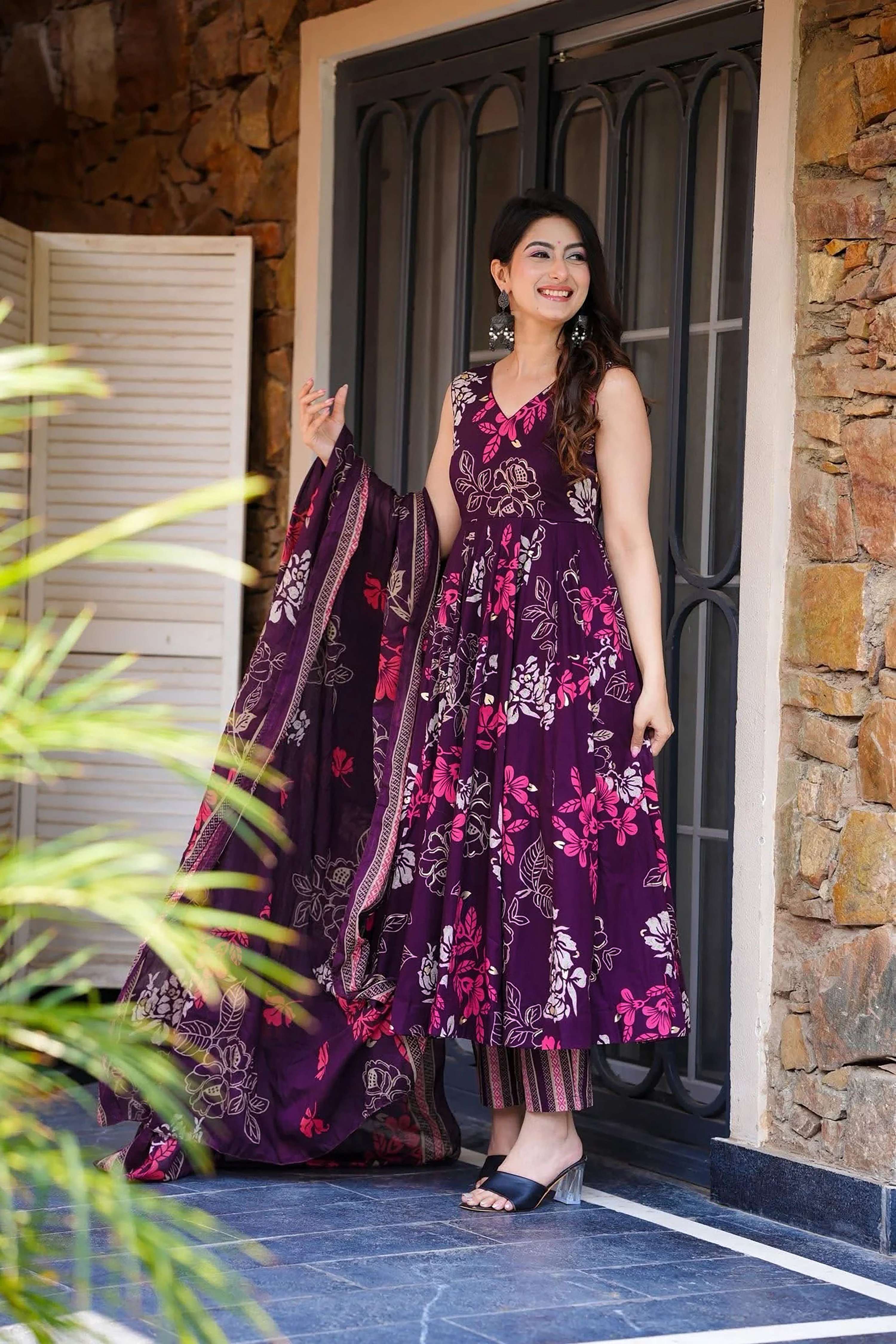 Sonakshi Women's Purple Masleen With Heavy Digital Printed Anarkali Gown Set With Dupatta - Distacart