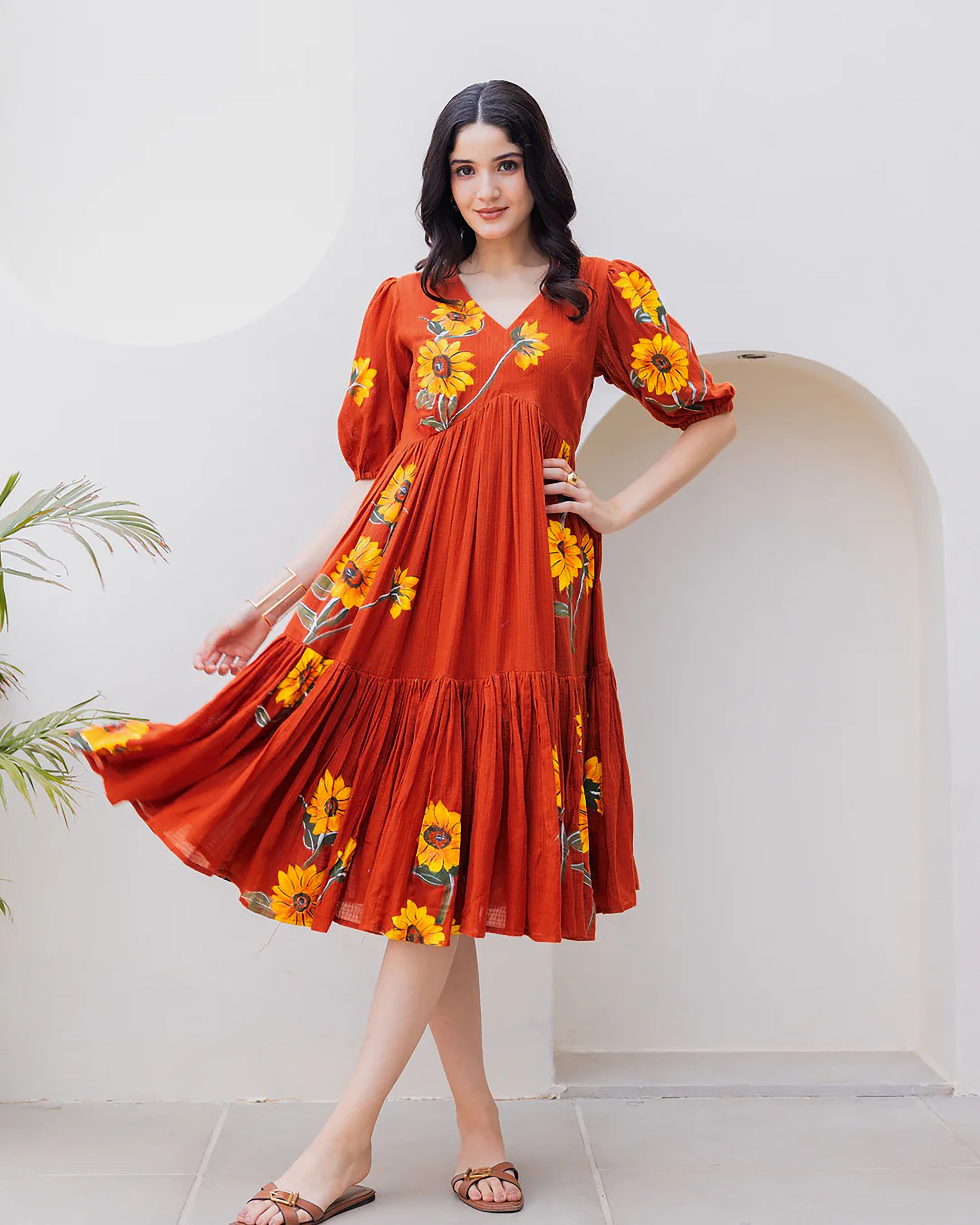 Sonakshi Women's Rust Kota Checks With Heavy Digital Printed Anarkali Gown Set - Distacart