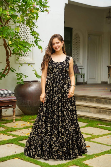 Sonakshi Women's Black Heavy Georgette With Heavy Digital Printed Anarkali Gown Set