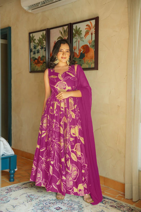 Sonakshi Women's Purple Heavy Rayon With Heavy Digital Printed Anarkali Gown Set With Dupatta