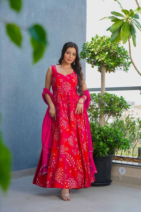 Sonakshi Women's Pink Heavy Rayon With Heavy Digital Printed Anarkali Gown Set With Dupatta