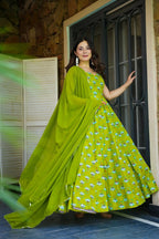 Sonakshi Women's Parrot Heavy Rayon With Heavy Digital Printed Anarkali Gown Set With Dupatta - Distacart