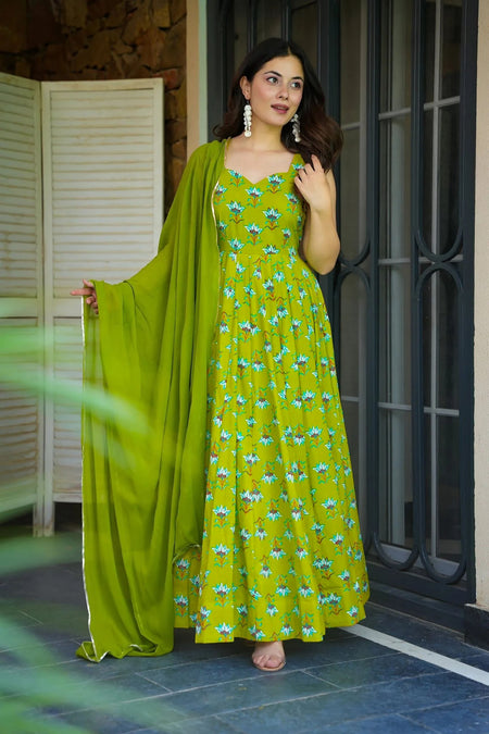 Sonakshi Women's Parrot Heavy Rayon With Heavy Digital Printed Anarkali Gown Set With Dupatta