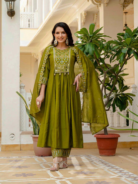 Sonakshi Women's Mehendi Viscose Roman Silk With Multi Thread Embroidered With Mirror Hand Work Anarkali Gown Set With Dupatta