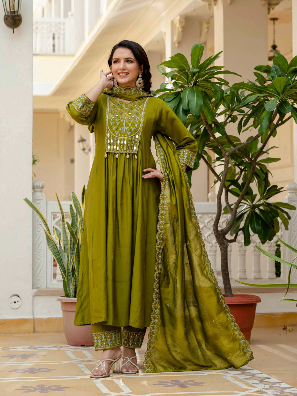 Sonakshi Women's Mehendi Viscose Roman Silk With Multi Thread Embroidered With Mirror Hand Work Anarkali Gown Set With Dupatta - Distacart