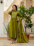 Sonakshi Women's Mehendi Viscose Roman Silk With Multi Thread Embroidered With Mirror Hand Work Anarkali Gown Set With Dupatta - Distacart