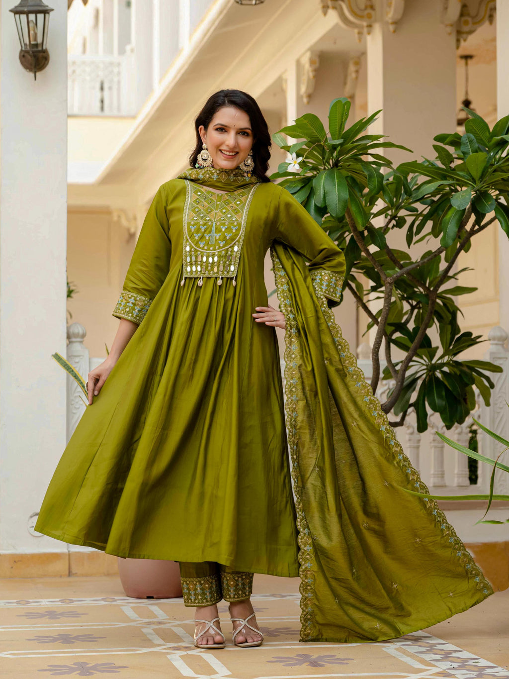 Sonakshi Women's Mehendi Viscose Roman Silk With Multi Thread Embroidered With Mirror Hand Work Anarkali Gown Set With Dupatta - Distacart