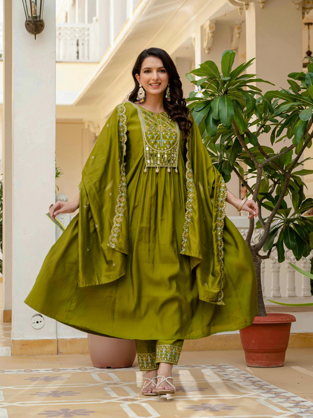 Sonakshi Women's Mehendi Viscose Roman Silk With Multi Thread Embroidered With Mirror Hand Work Anarkali Gown Set With Dupatta - Distacart