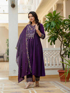 Sonakshi Women's Purple Viscose Roman Silk With Multi Thread Embroidered With Mirror Hand Work Anarkali Gown Set With Dupatta - Distacart