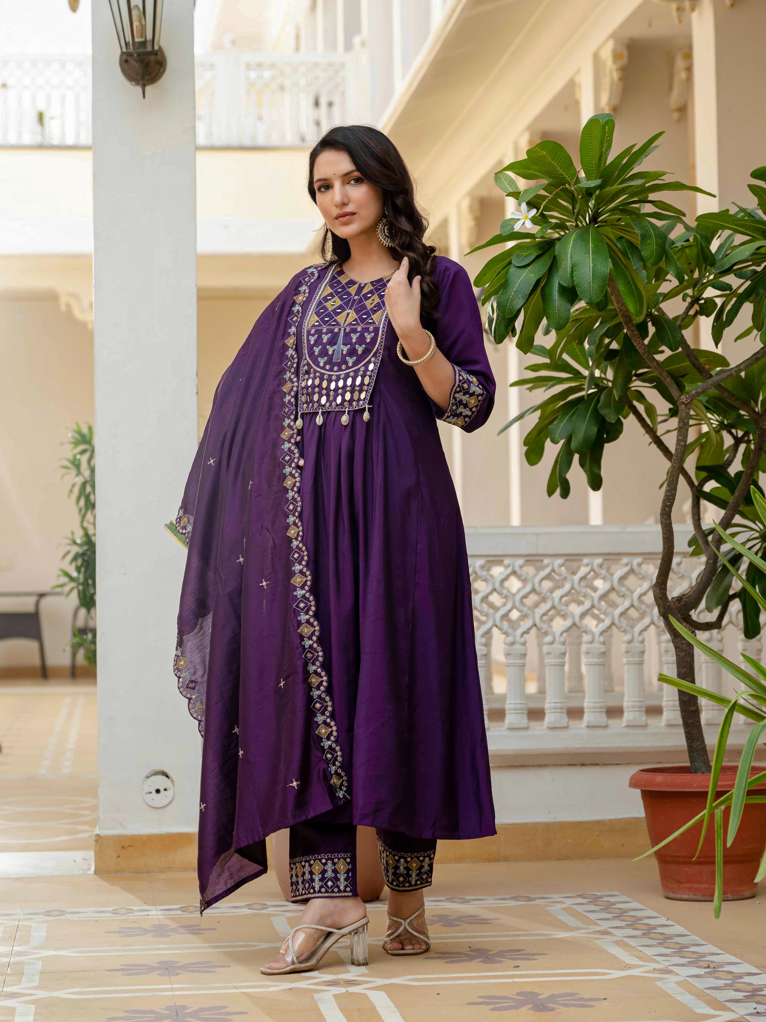 Sonakshi Women's Purple Viscose Roman Silk With Multi Thread Embroidered With Mirror Hand Work Anarkali Gown Set With Dupatta - Distacart
