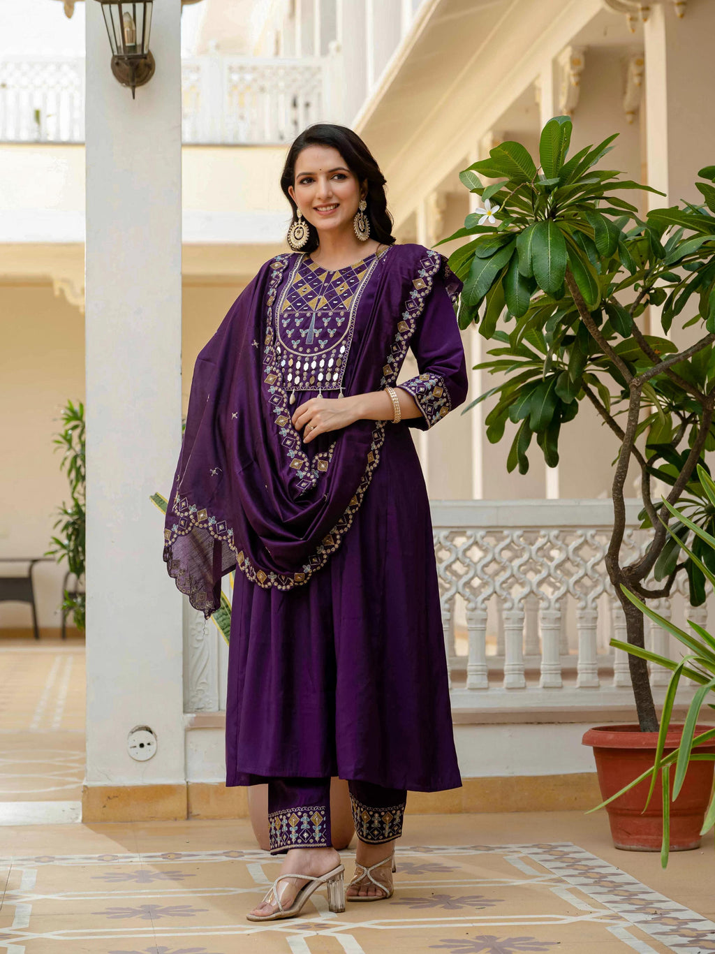 Sonakshi Women's Purple Viscose Roman Silk With Multi Thread Embroidered With Mirror Hand Work Anarkali Gown Set With Dupatta - Distacart