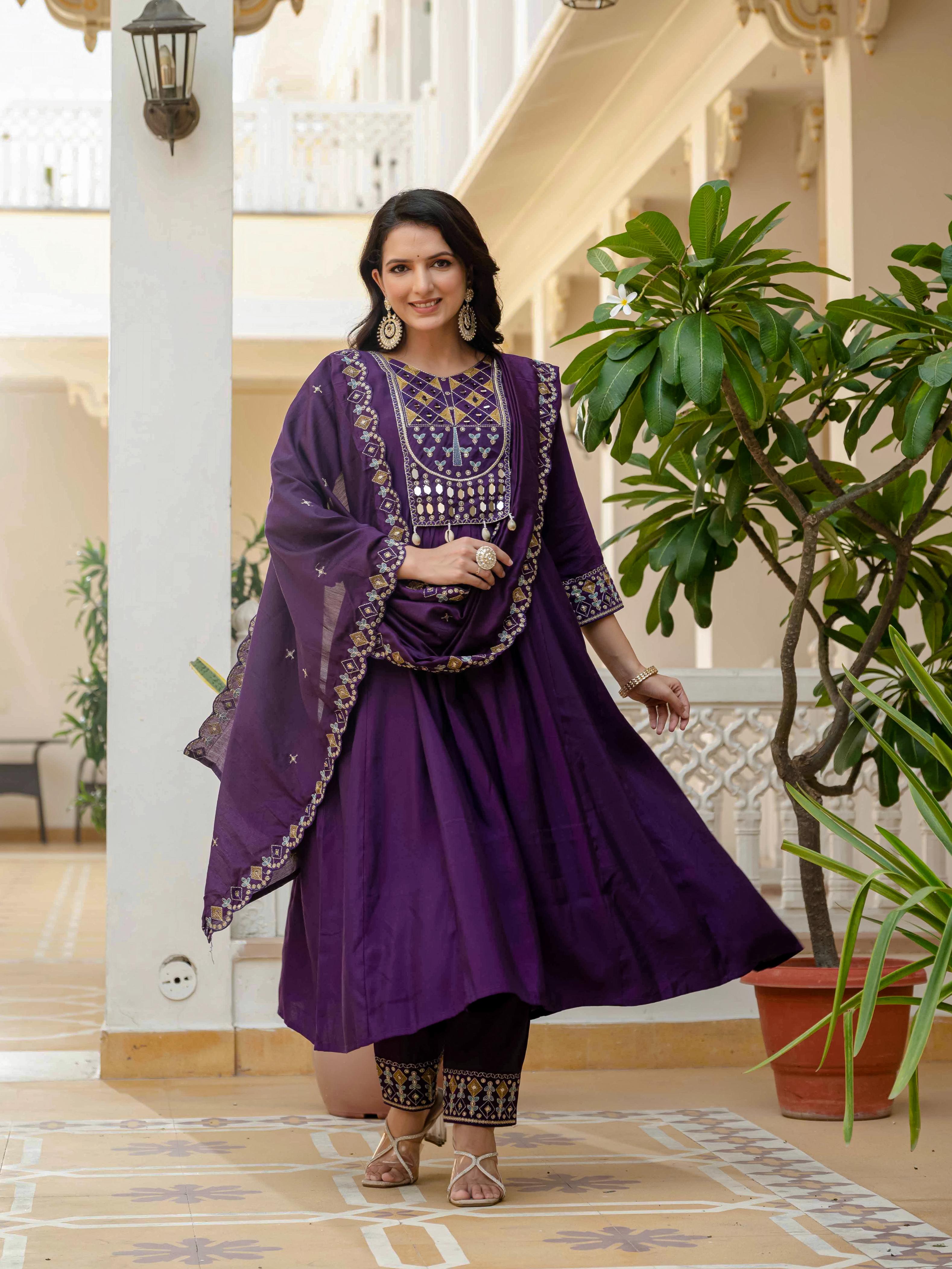 Sonakshi Women's Purple Viscose Roman Silk With Multi Thread Embroidered With Mirror Hand Work Anarkali Gown Set With Dupatta - Distacart