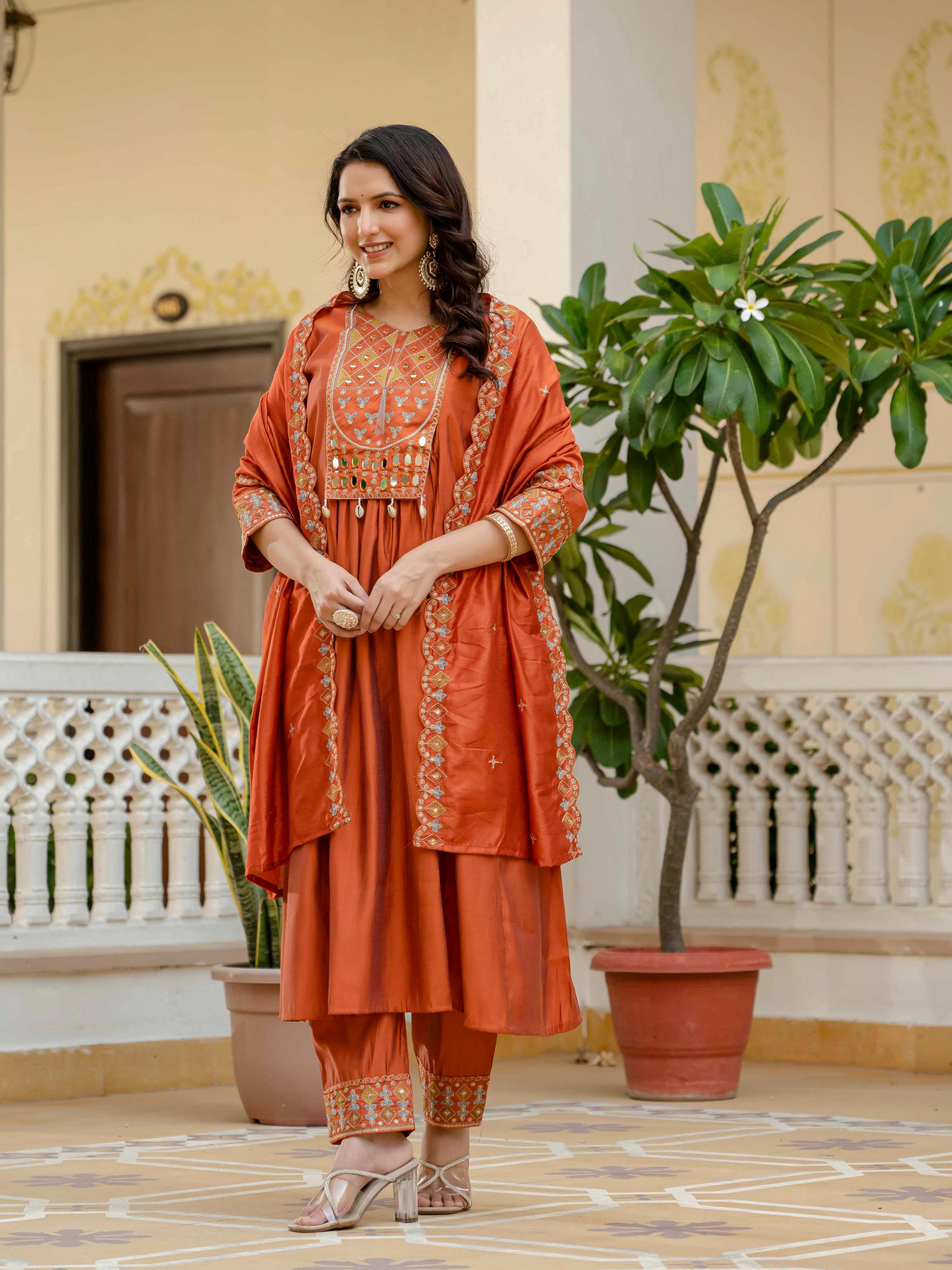 Sonakshi Women's Orrange Viscose Roman Silk With Multi Thread Embroidered With Mirror Hand Work Anarkali Gown Set With Dupatta - Distacart