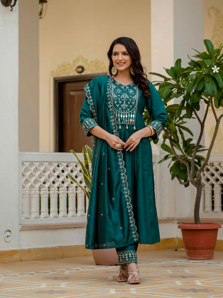Sonakshi Women's Teal Viscose Roman Silk With Multi Thread Embroidered With Mirror Hand Work Anarkali Gown Set With Dupatta