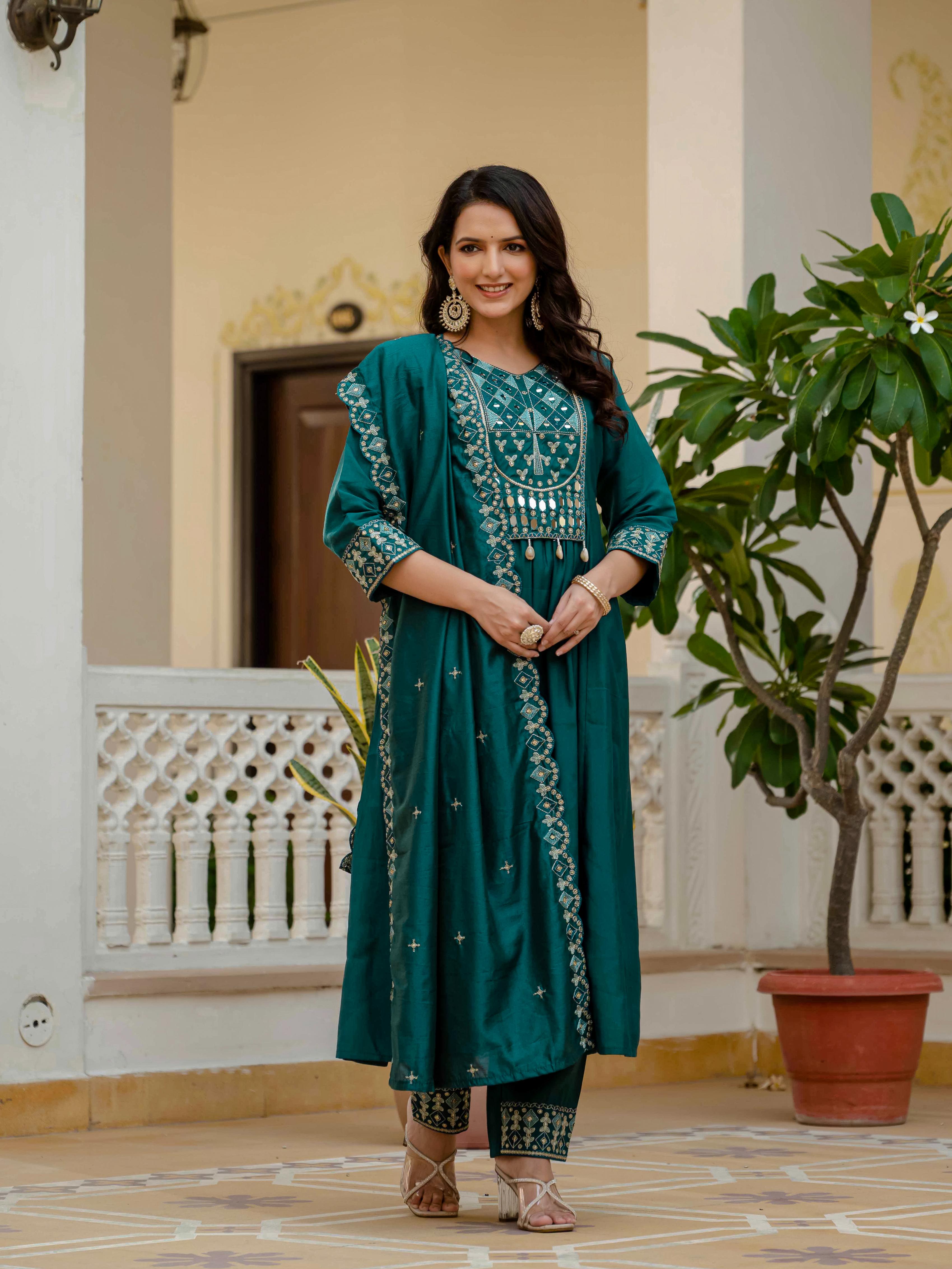 Sonakshi Women's Teal Viscose Roman Silk With Multi Thread Embroidered With Mirror Hand Work Anarkali Gown Set With Dupatta - Distacart