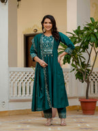 Sonakshi Women's Teal Viscose Roman Silk With Multi Thread Embroidered With Mirror Hand Work Anarkali Gown Set With Dupatta - Distacart