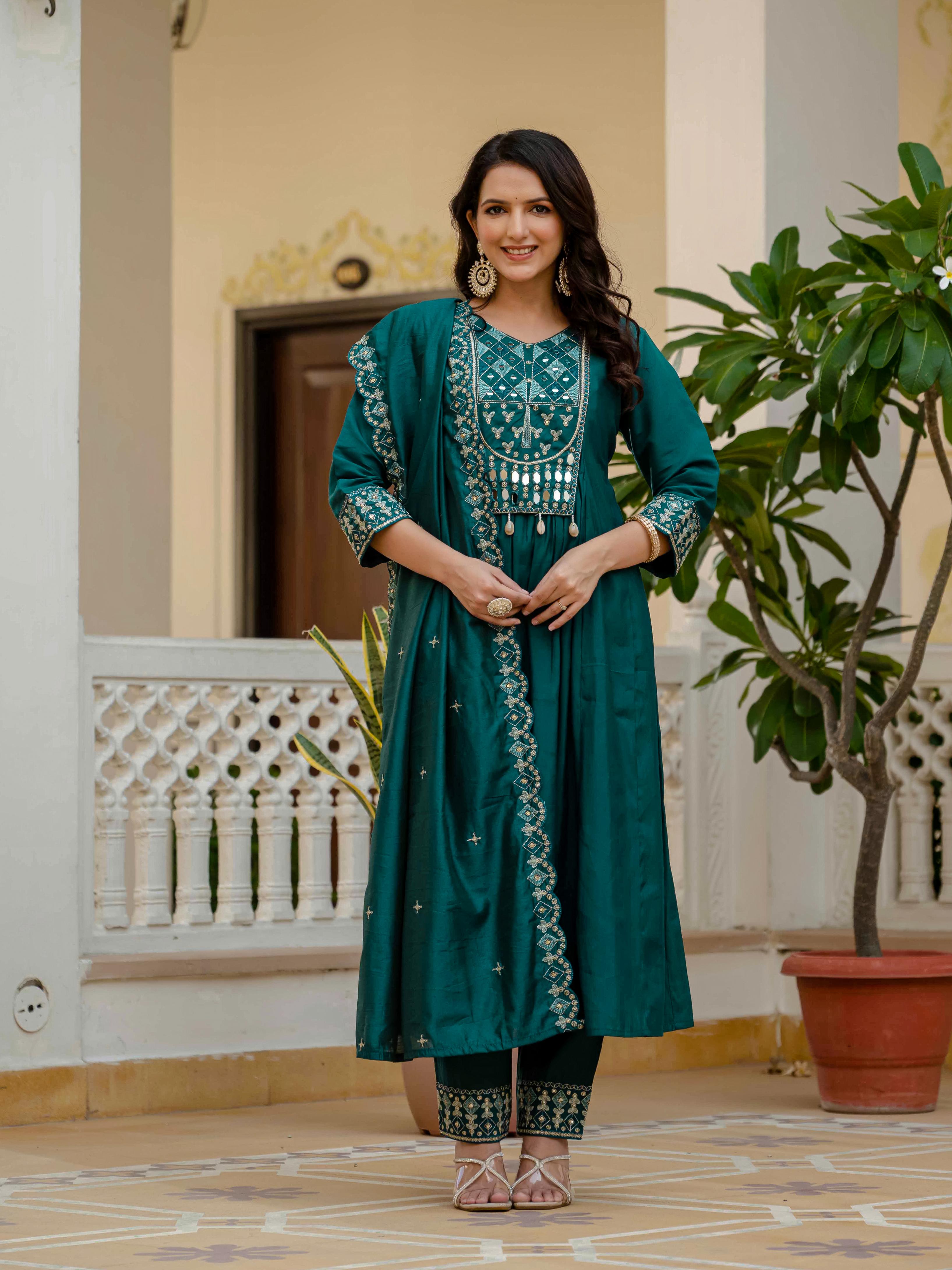 Sonakshi Women's Teal Viscose Roman Silk With Multi Thread Embroidered With Mirror Hand Work Anarkali Gown Set With Dupatta - Distacart