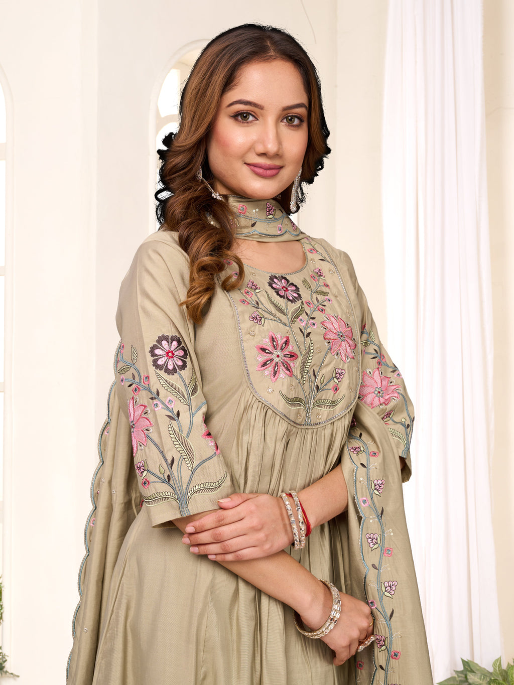 Sonakshi Women's Pista Viscose Roman Silk With Multi Thread Embroidered With Mirror Hand Work Anarkali Gown Set With Dupatta - Distacart