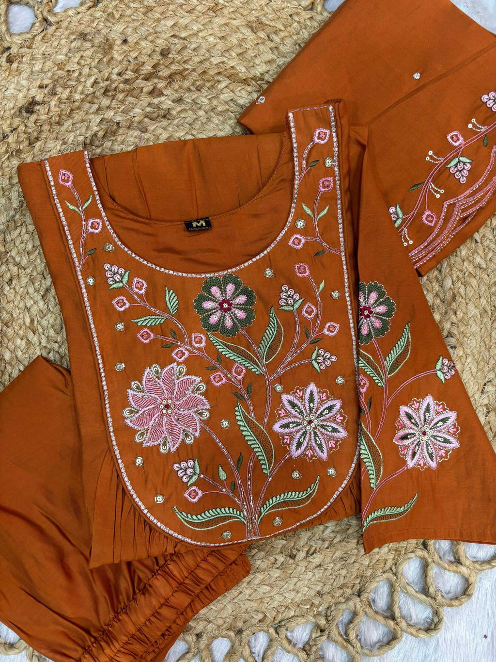 Sonakshi Women's Rust Viscose Roman Silk With Multi Thread Embroidered With Hand Work Anarkali Gown Set With Dupatta - Distacart