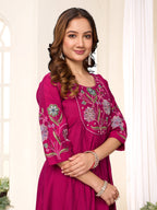 Sonakshi Women's Pink Viscose Roman Silk With Multi Thread Embroidered With Hand Work Anarkali Gown Set With Dupatta - Distacart