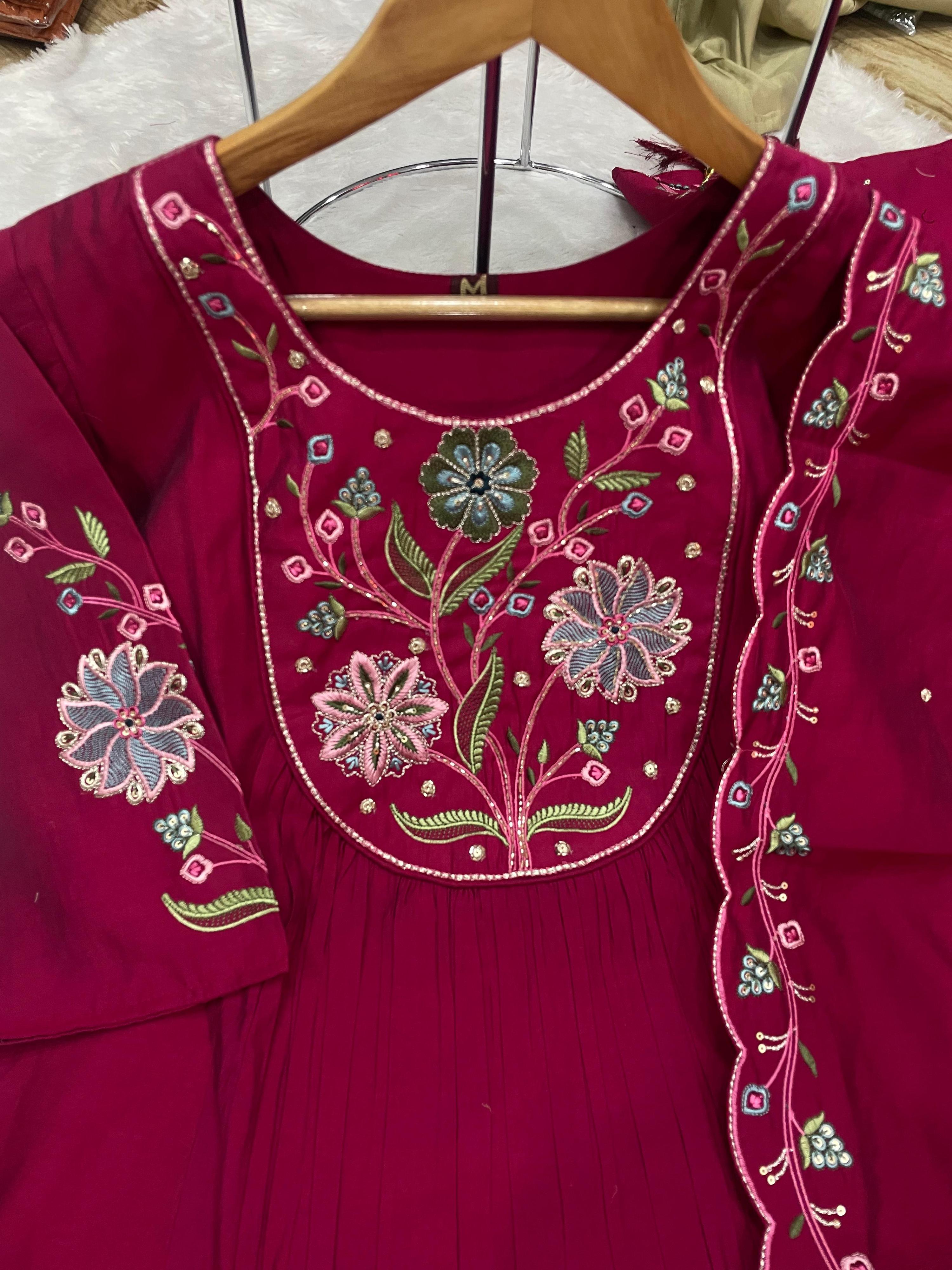 Sonakshi Women's Pink Viscose Roman Silk With Multi Thread Embroidered With Hand Work Anarkali Gown Set With Dupatta - Distacart