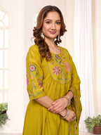 Sonakshi Women's Yellow Viscose Roman Silk With Multi Thread Embroidered With Hand Work Anarkali Gown Set With Dupatta - Distacart