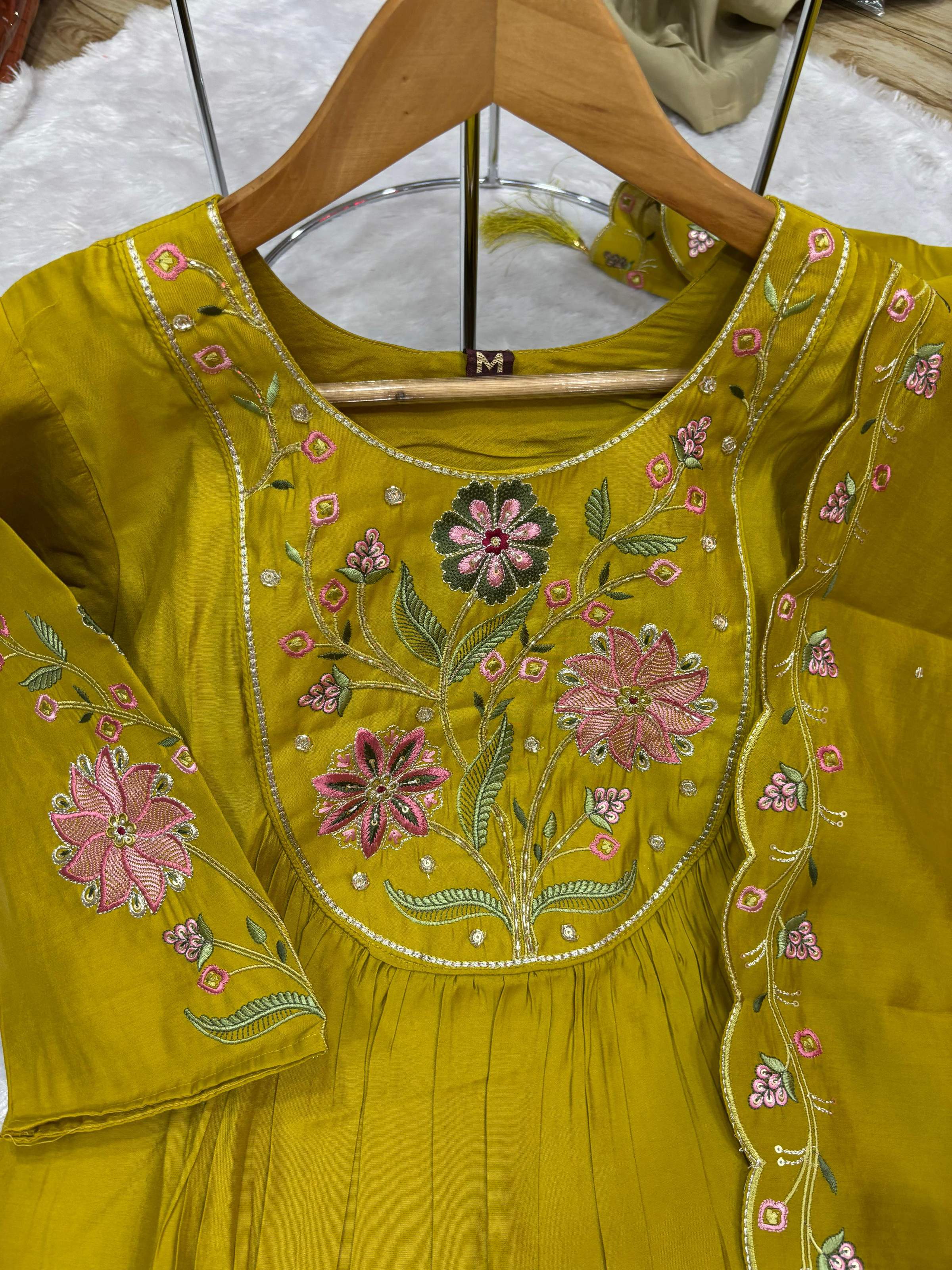 Sonakshi Women's Yellow Viscose Roman Silk With Multi Thread Embroidered With Hand Work Anarkali Gown Set With Dupatta - Distacart