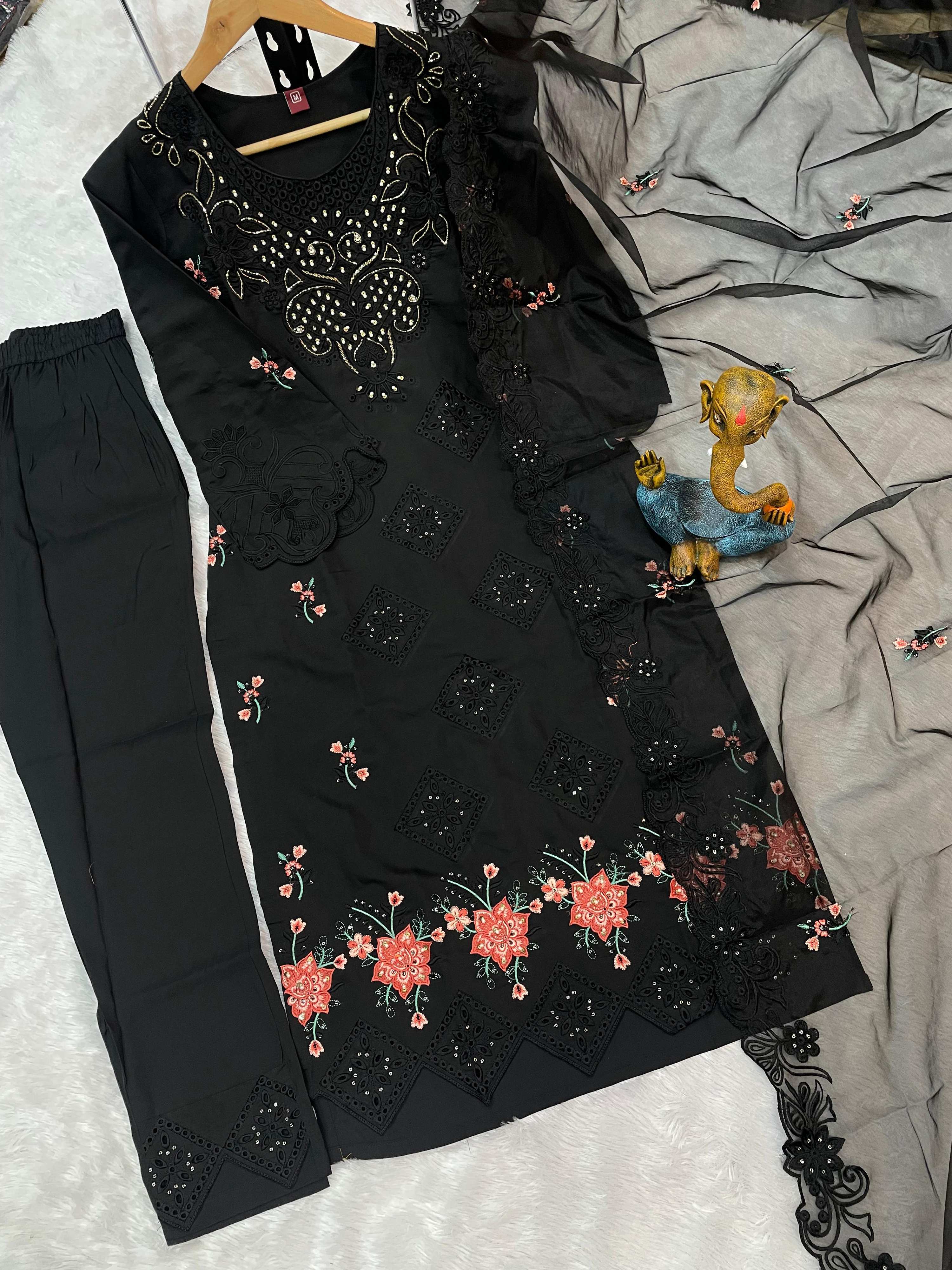 Sonakshi Women's Black Heavy Viscose Roman Boring Embroidered with Sequins & Heavy Hand work Kurta Set with Dupatta - Distacart