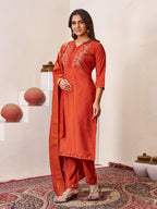 Sonakshi Women's Rust Roman Silk Multi Embroidered Sequins With Hand Work Kurta Set with Dupatta - Distacart